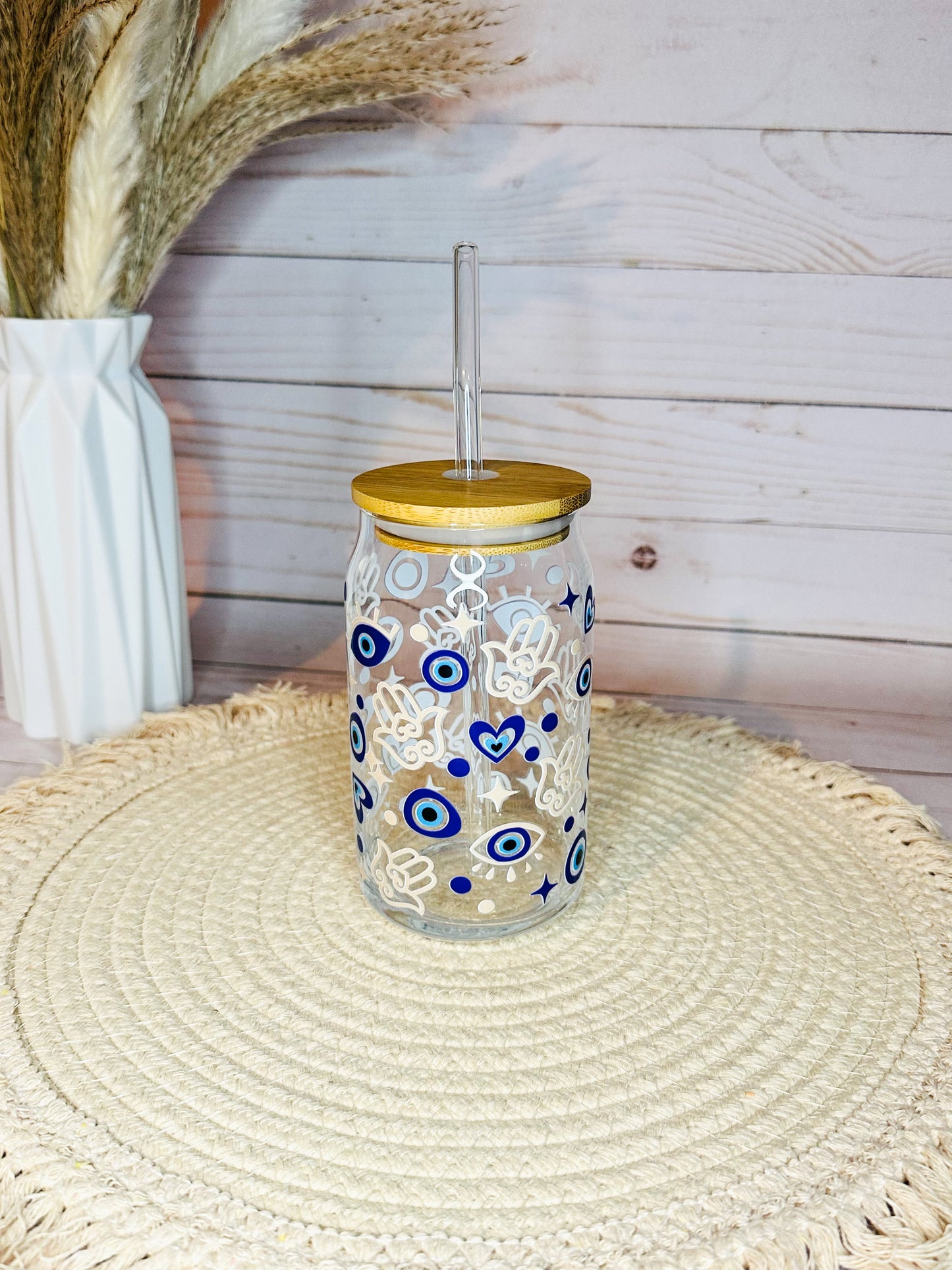 Evil Eye Heart Shape Glass Cup with Lid and Straw