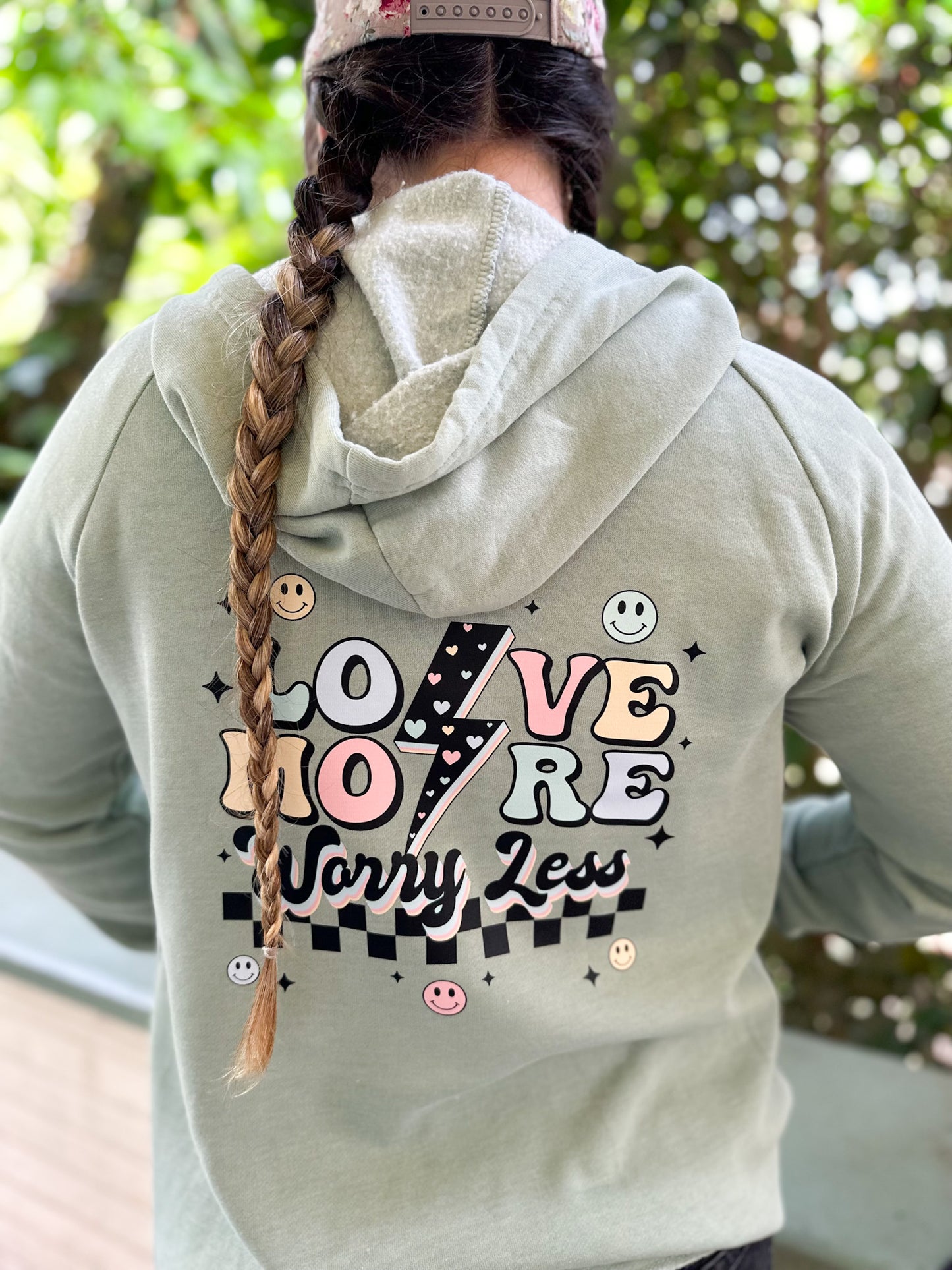 'LOVE MORE WORRY LESS' POCKET ZIP UP HOODIE